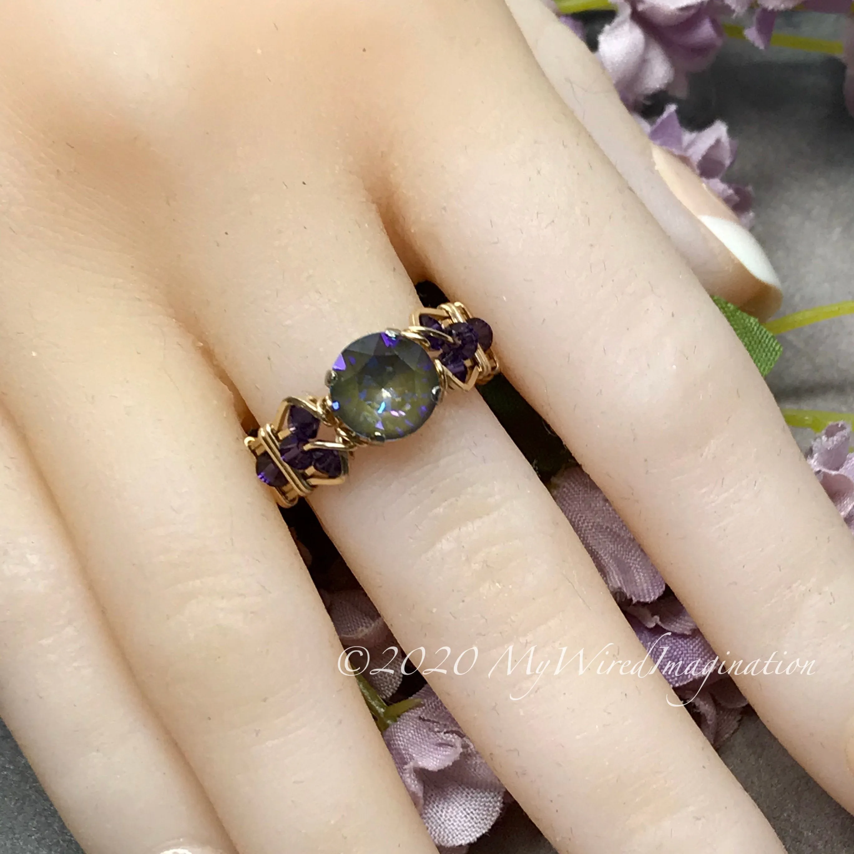 Army Green DeLite Ring, Genuine Swarovski Crystal, Handmade Ring, Deep Green Blue and Purple Velvet
