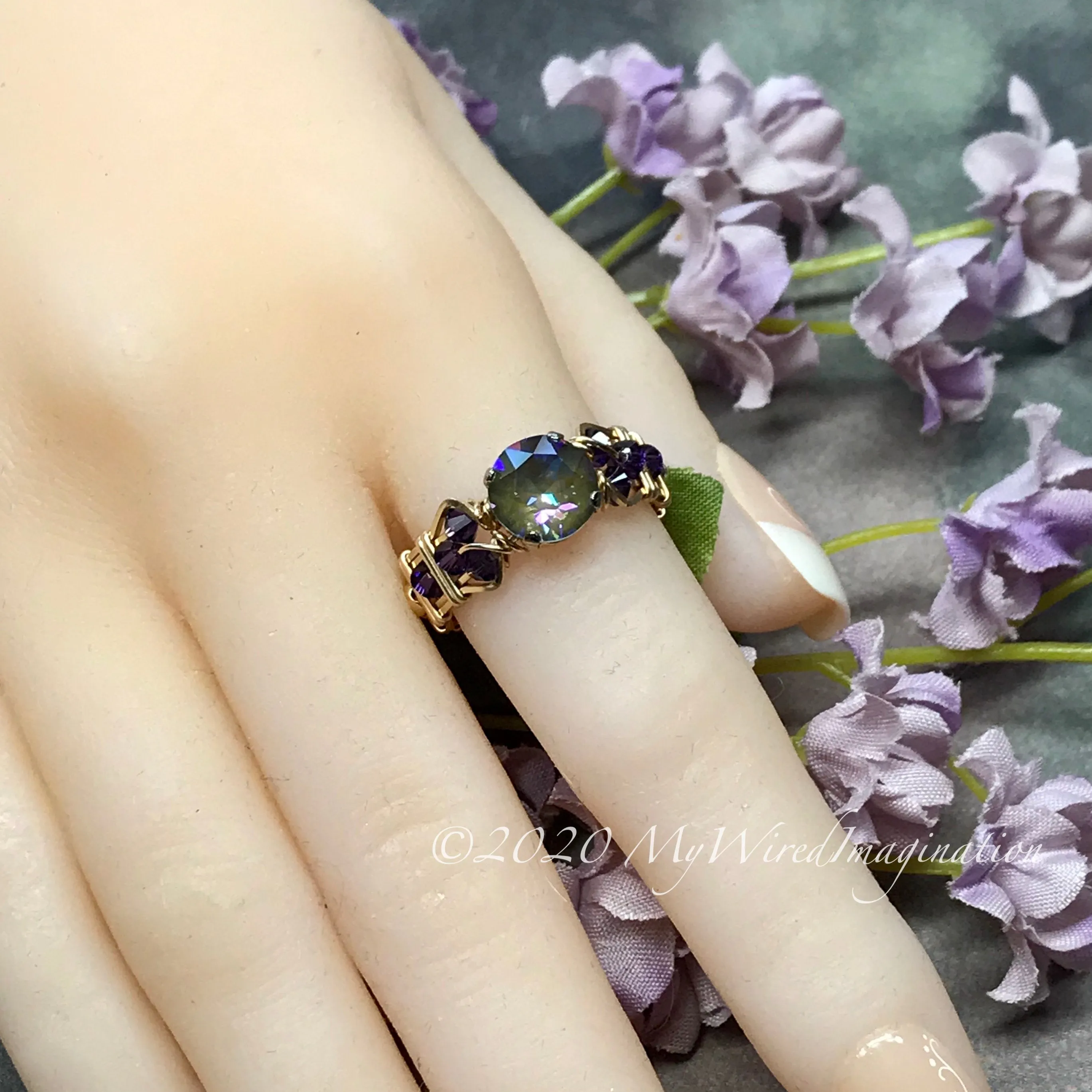 Army Green DeLite Ring, Genuine Swarovski Crystal, Handmade Ring, Deep Green Blue and Purple Velvet