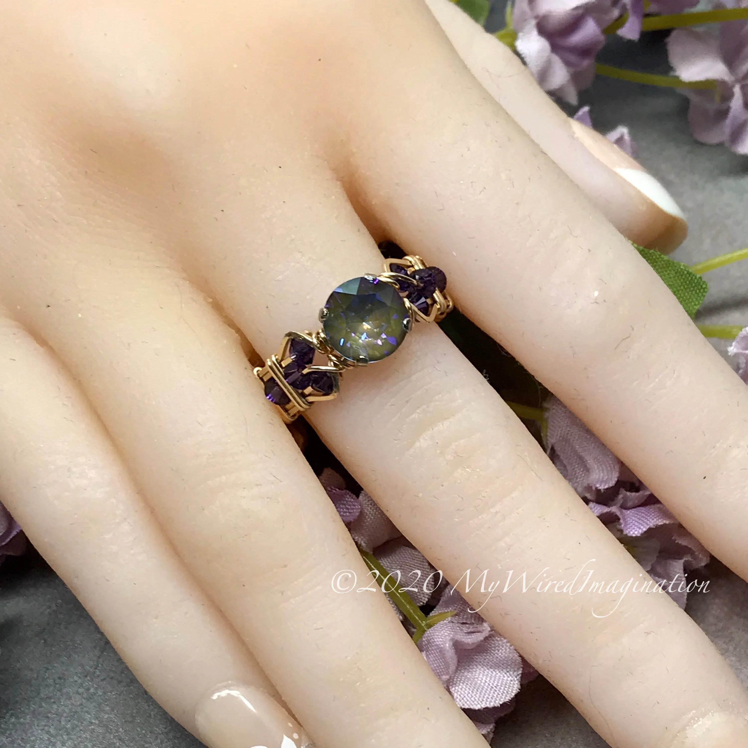 Army Green DeLite Ring, Genuine Swarovski Crystal, Handmade Ring, Deep Green Blue and Purple Velvet