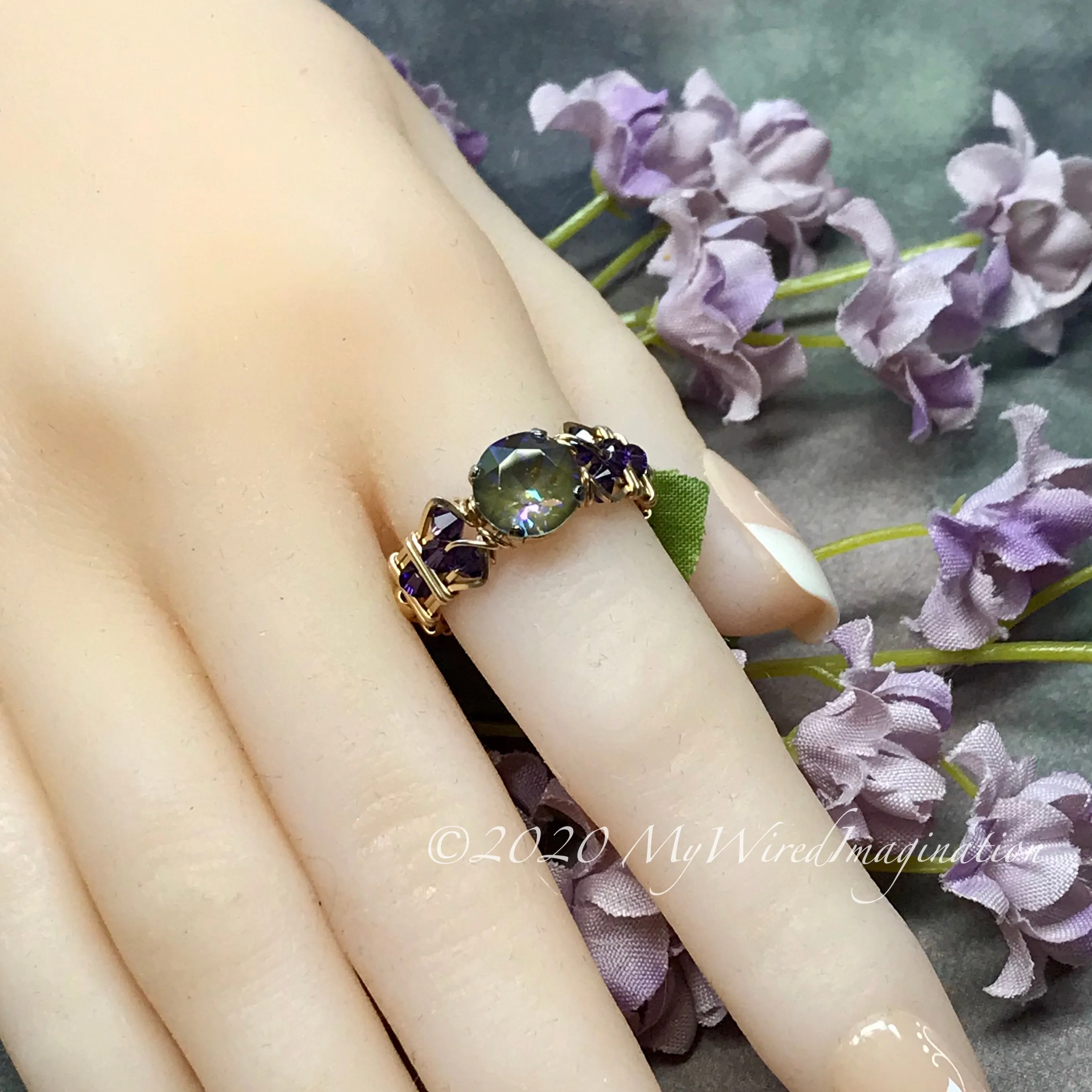 Army Green DeLite Ring, Genuine Swarovski Crystal, Handmade Ring, Deep Green Blue and Purple Velvet