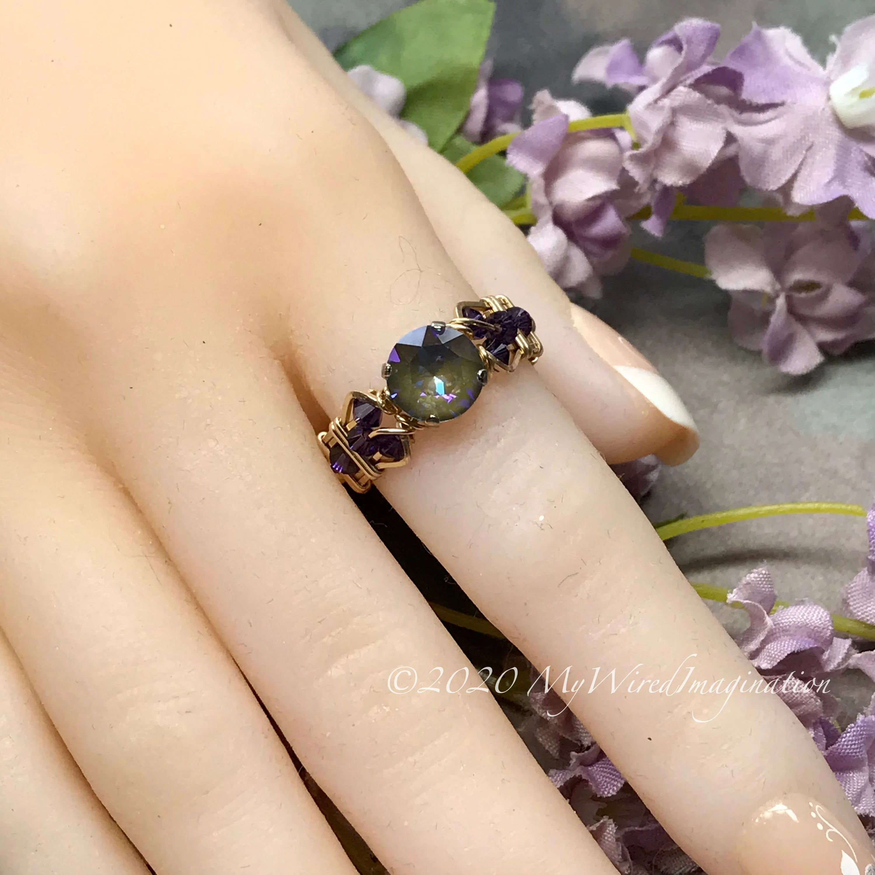 Army Green DeLite Ring, Genuine Swarovski Crystal, Handmade Ring, Deep Green Blue and Purple Velvet