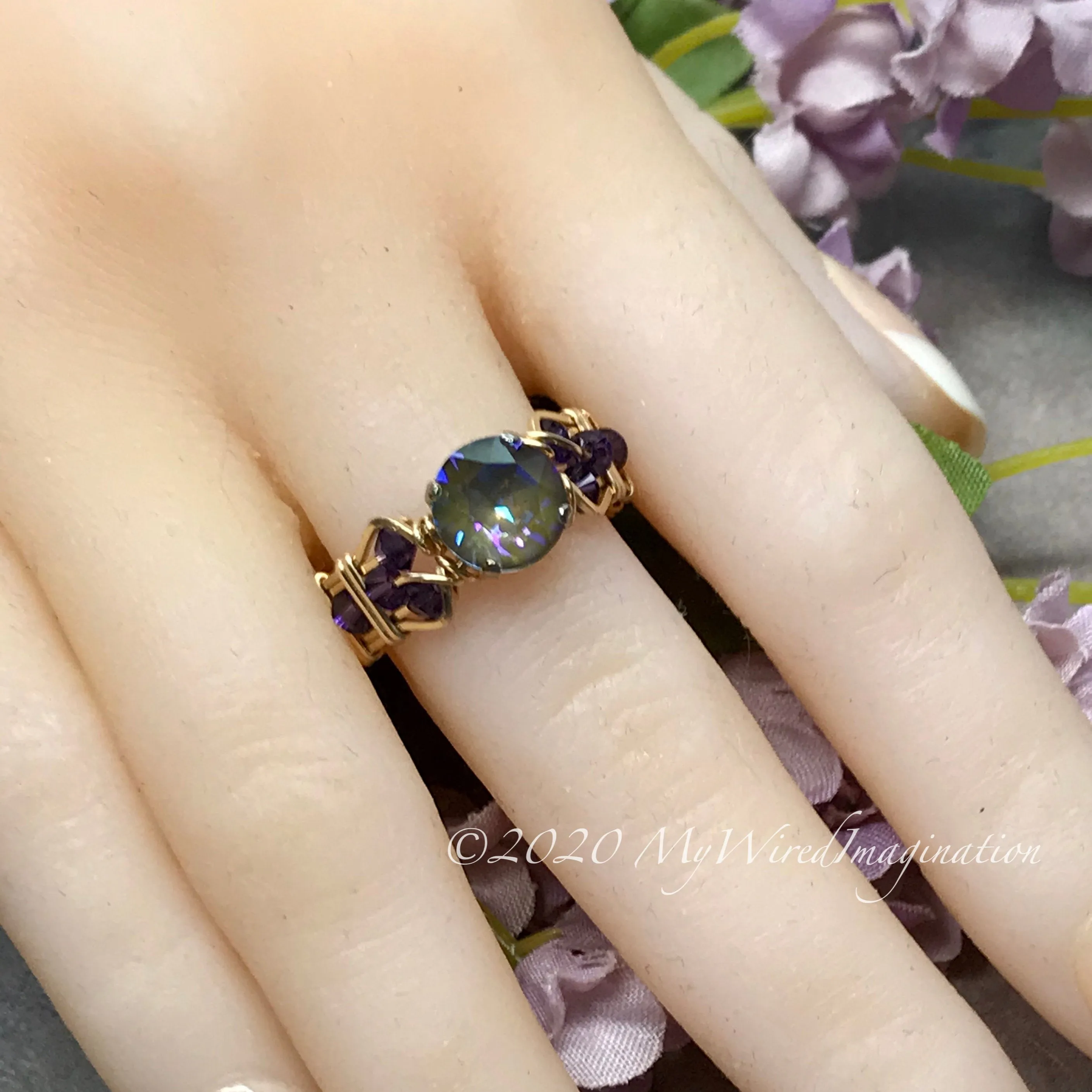 Army Green DeLite Ring, Genuine Swarovski Crystal, Handmade Ring, Deep Green Blue and Purple Velvet