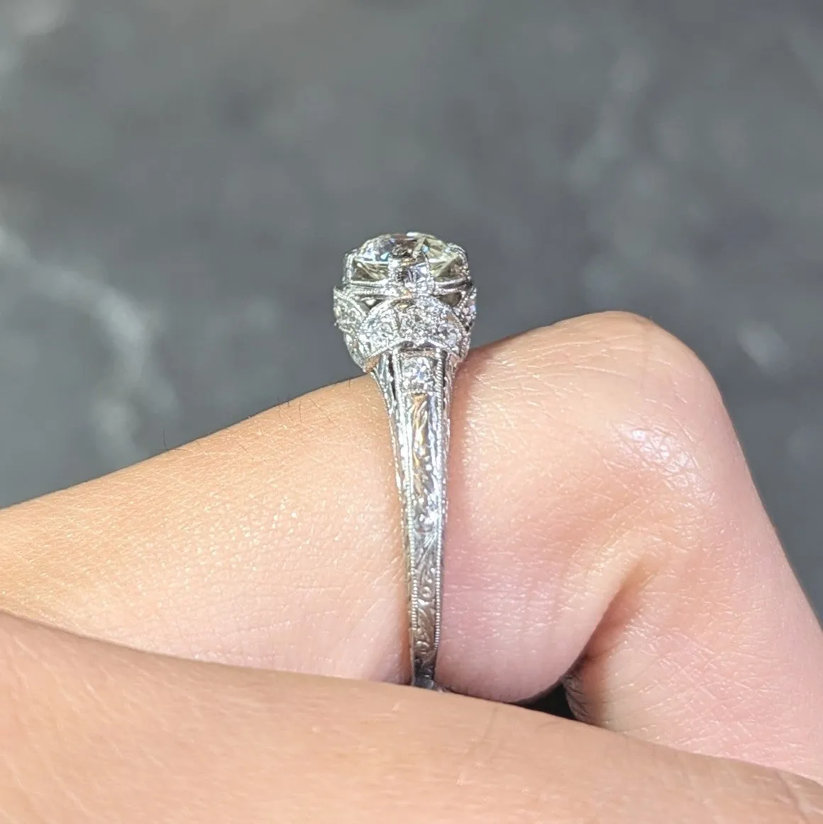Art Deco 1.05 CTW Old European Cut Diamond Platinum Engagement Ring