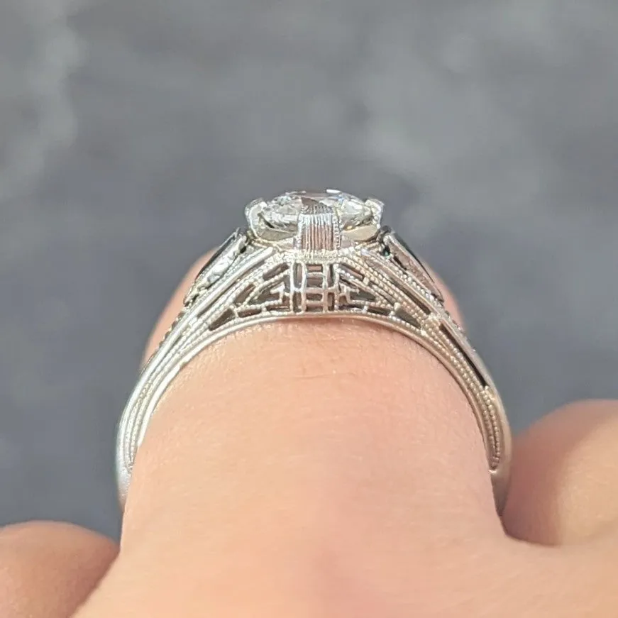 Art Deco .65 CTW Old European Cut Diamond Emerald 18 Karat White Gold Greek Key Vintage Engagement Ring