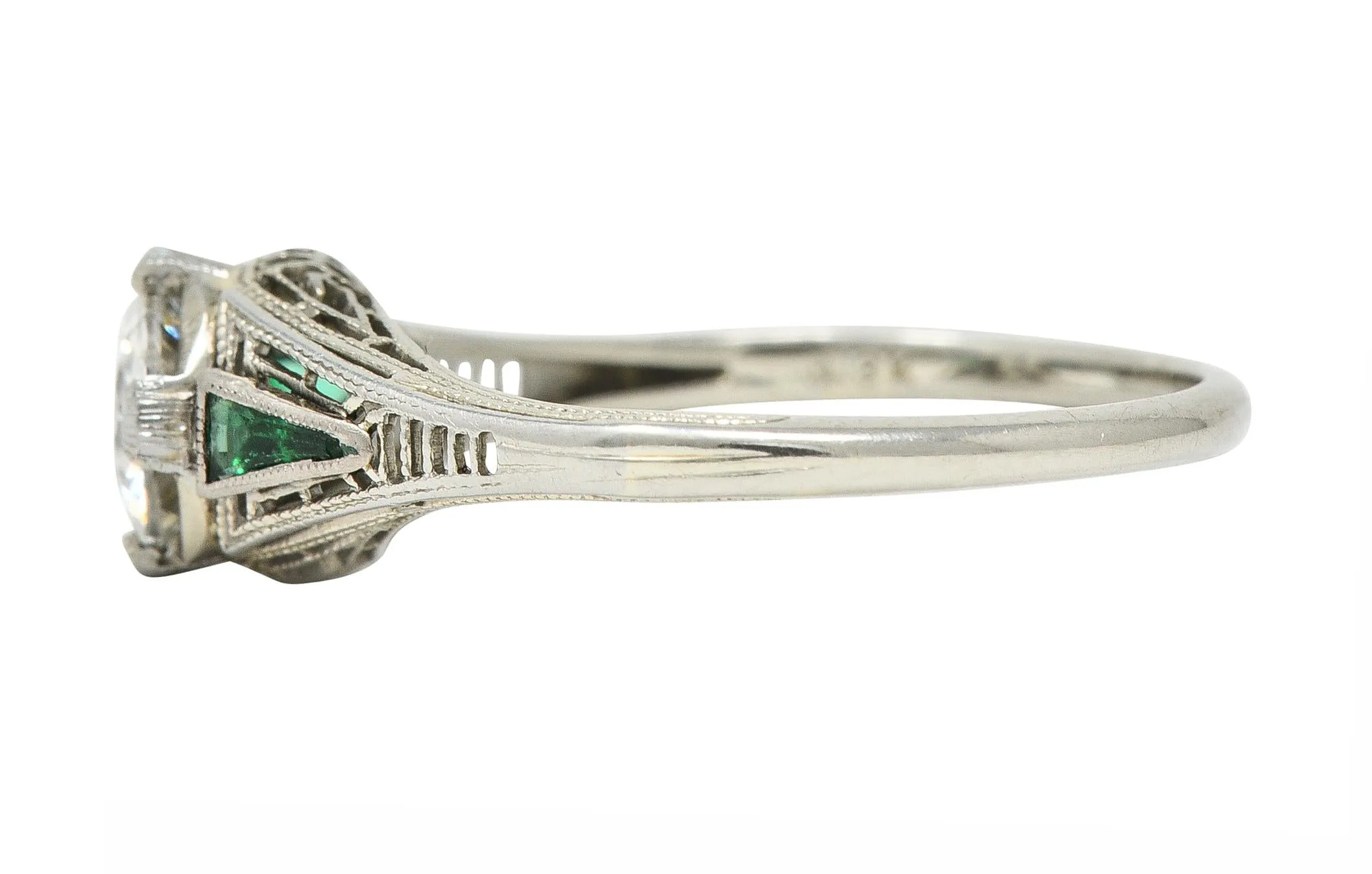 Art Deco .65 CTW Old European Cut Diamond Emerald 18 Karat White Gold Greek Key Vintage Engagement Ring