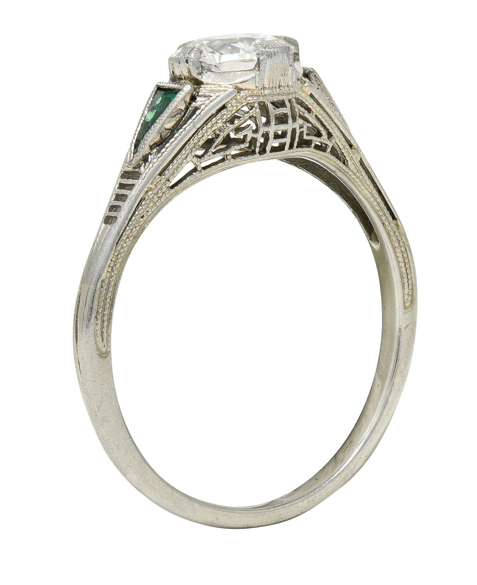 Art Deco .65 CTW Old European Cut Diamond Emerald 18 Karat White Gold Greek Key Vintage Engagement Ring