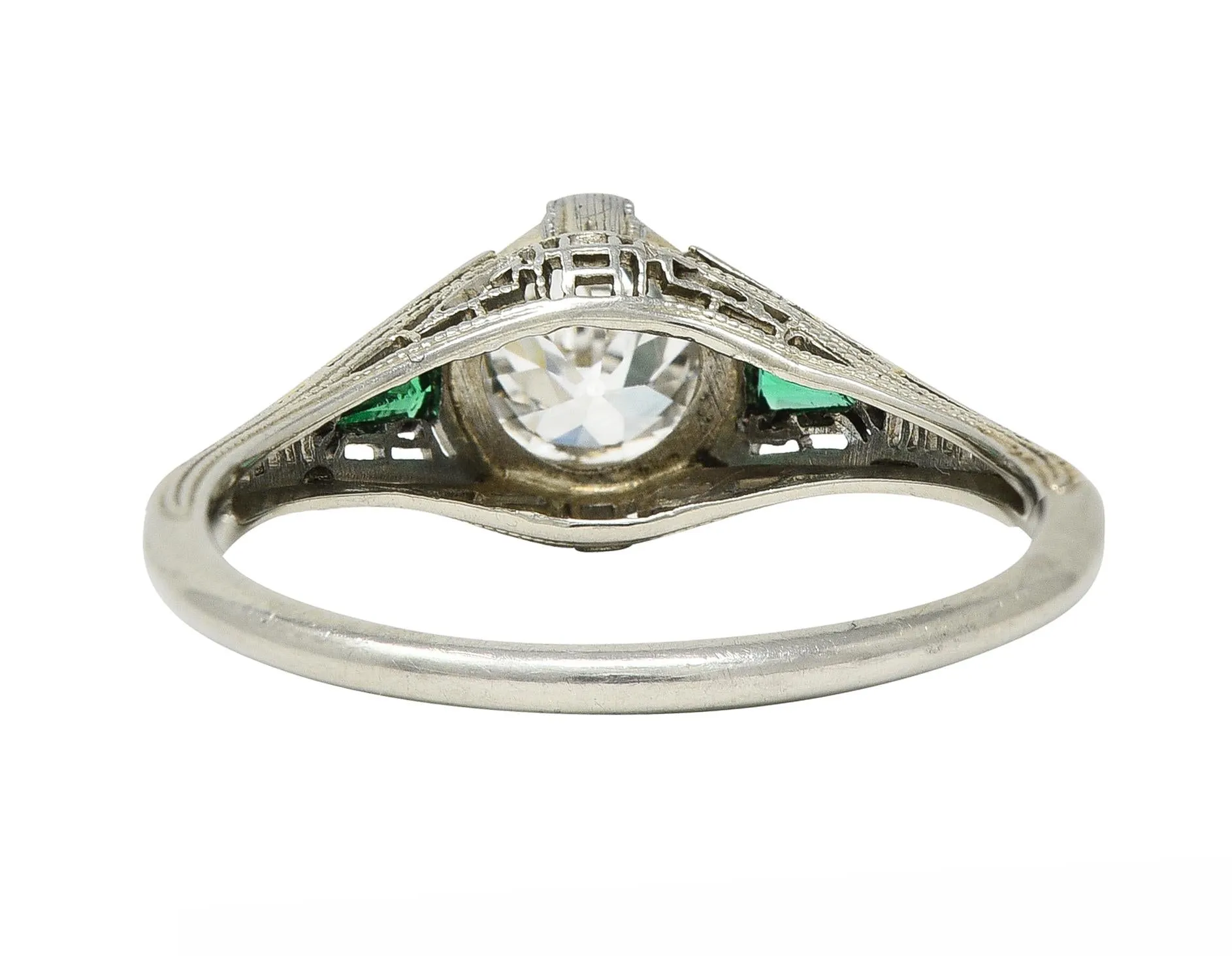 Art Deco .65 CTW Old European Cut Diamond Emerald 18 Karat White Gold Greek Key Vintage Engagement Ring