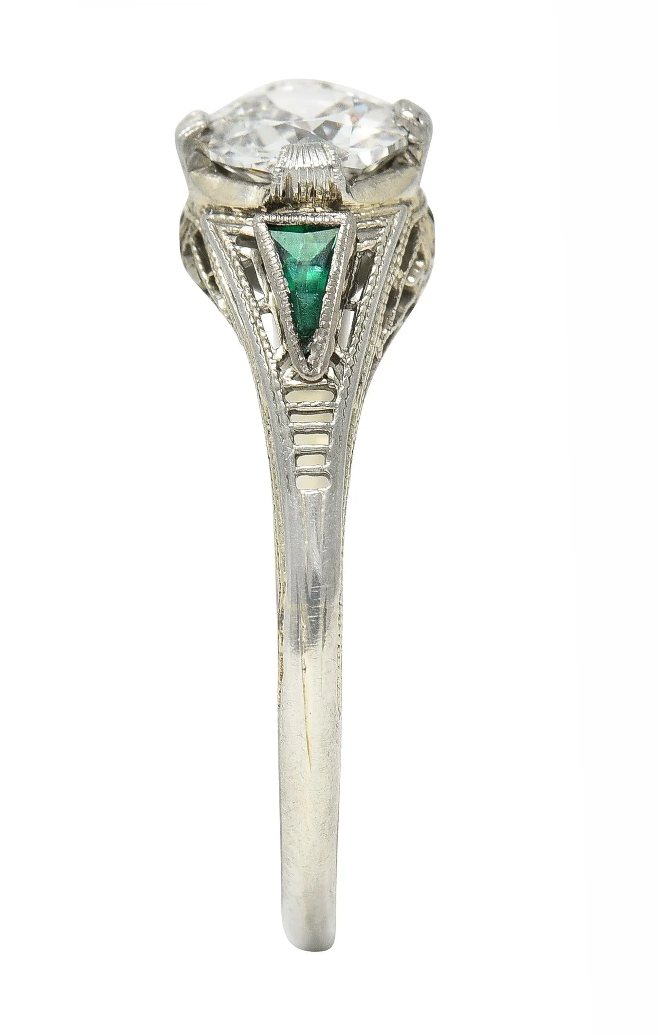 Art Deco .65 CTW Old European Cut Diamond Emerald 18 Karat White Gold Greek Key Vintage Engagement Ring
