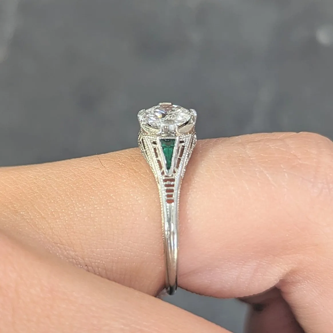 Art Deco .65 CTW Old European Cut Diamond Emerald 18 Karat White Gold Greek Key Vintage Engagement Ring