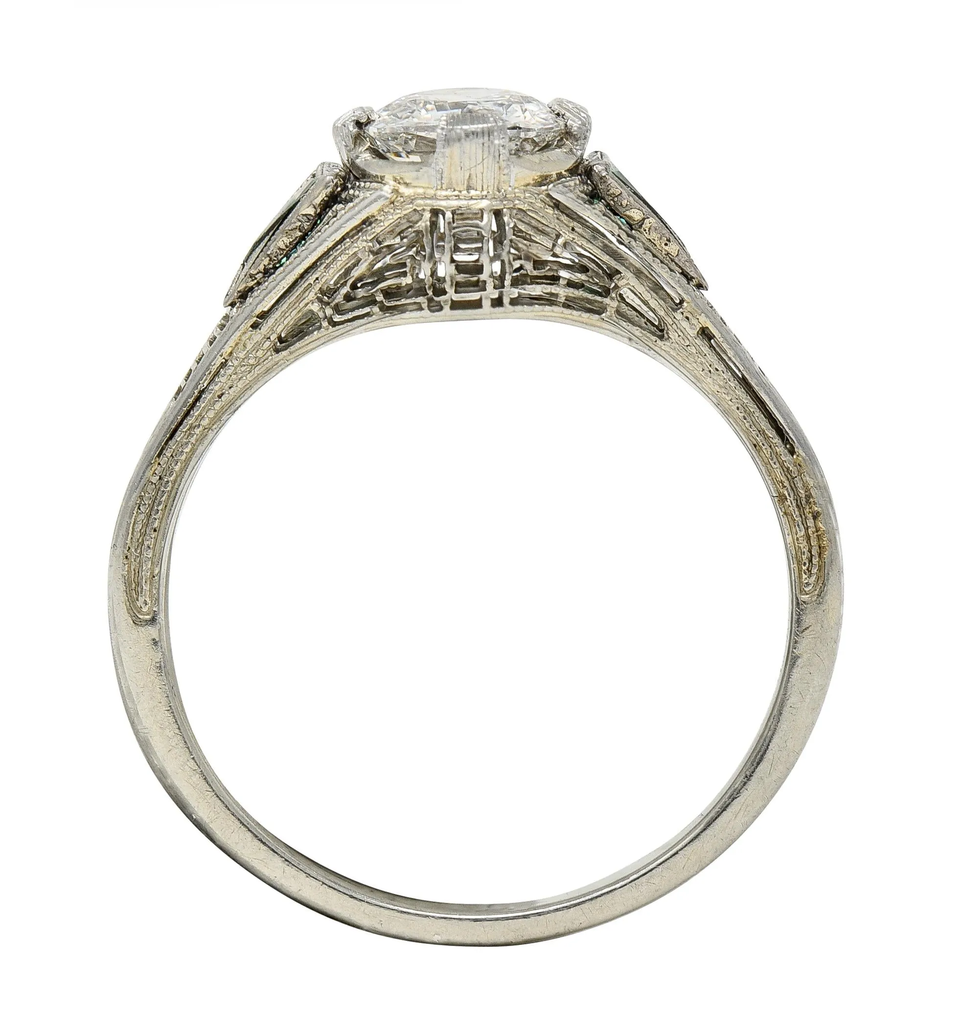 Art Deco .65 CTW Old European Cut Diamond Emerald 18 Karat White Gold Greek Key Vintage Engagement Ring