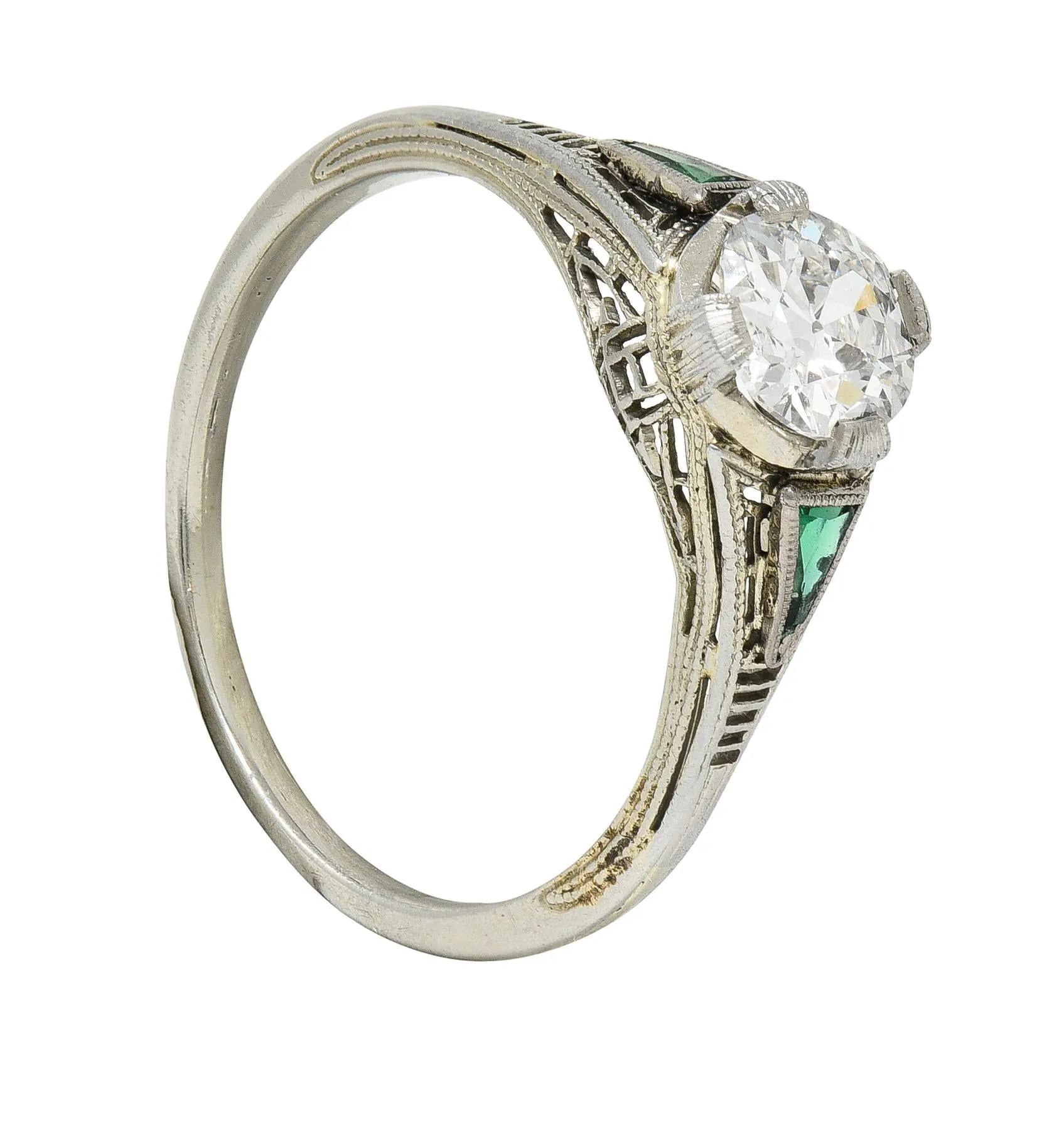 Art Deco .65 CTW Old European Cut Diamond Emerald 18 Karat White Gold Greek Key Vintage Engagement Ring