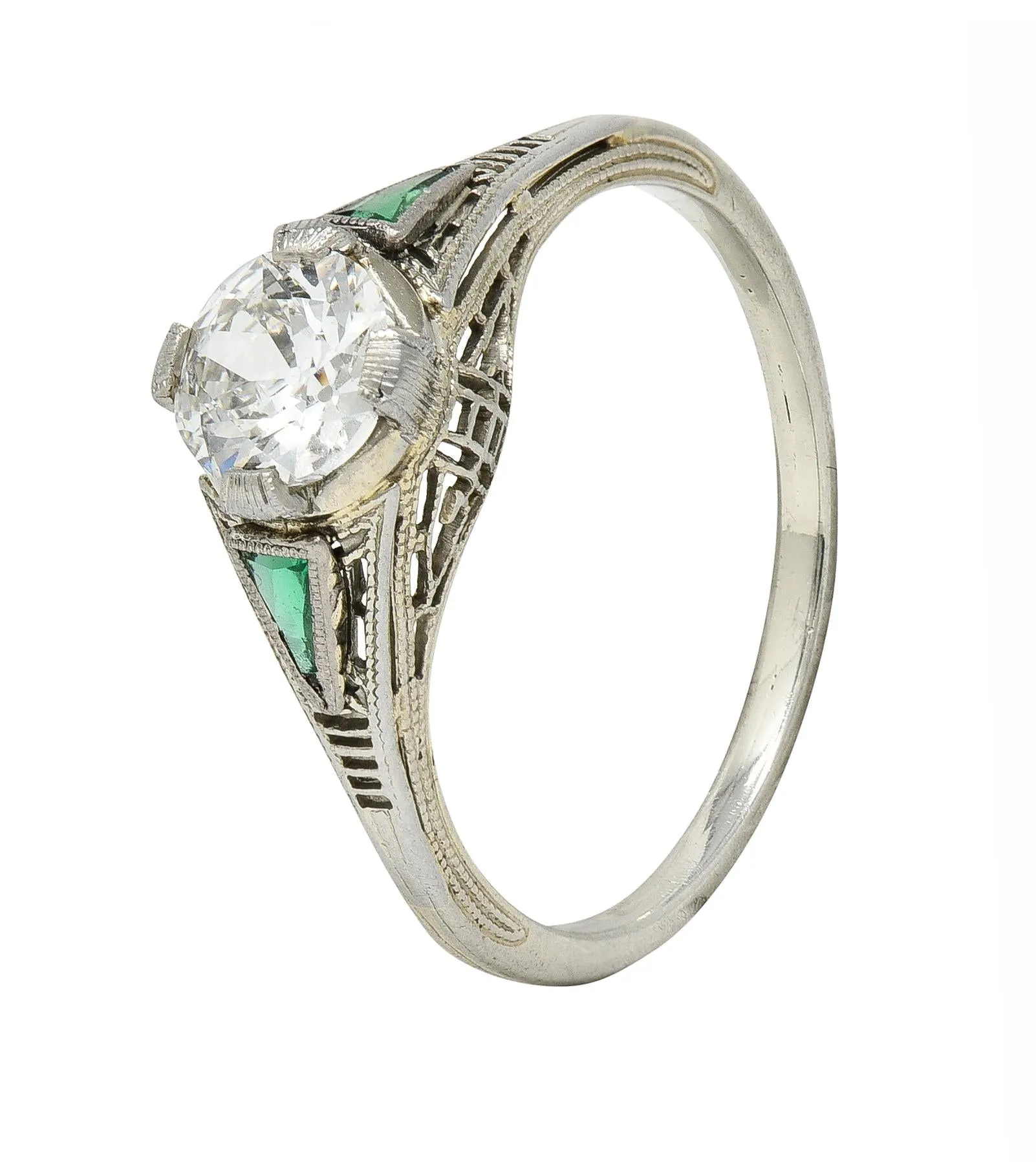 Art Deco .65 CTW Old European Cut Diamond Emerald 18 Karat White Gold Greek Key Vintage Engagement Ring