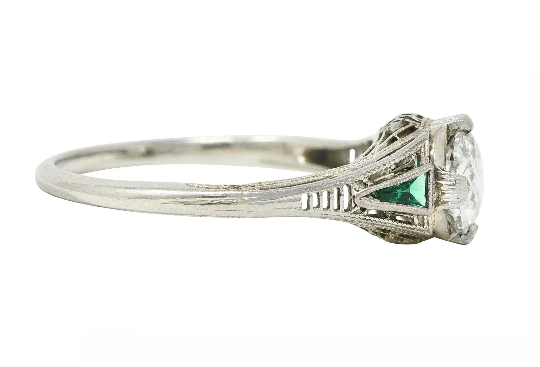 Art Deco .65 CTW Old European Cut Diamond Emerald 18 Karat White Gold Greek Key Vintage Engagement Ring