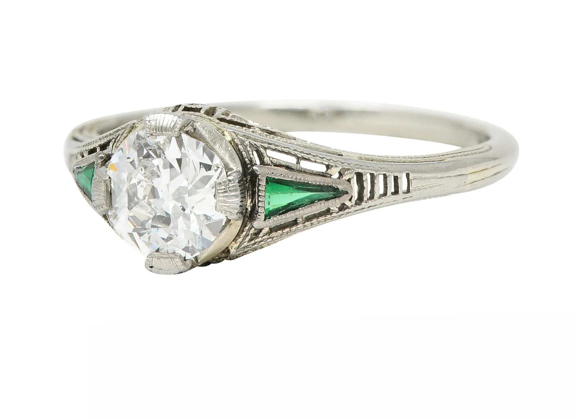 Art Deco .65 CTW Old European Cut Diamond Emerald 18 Karat White Gold Greek Key Vintage Engagement Ring