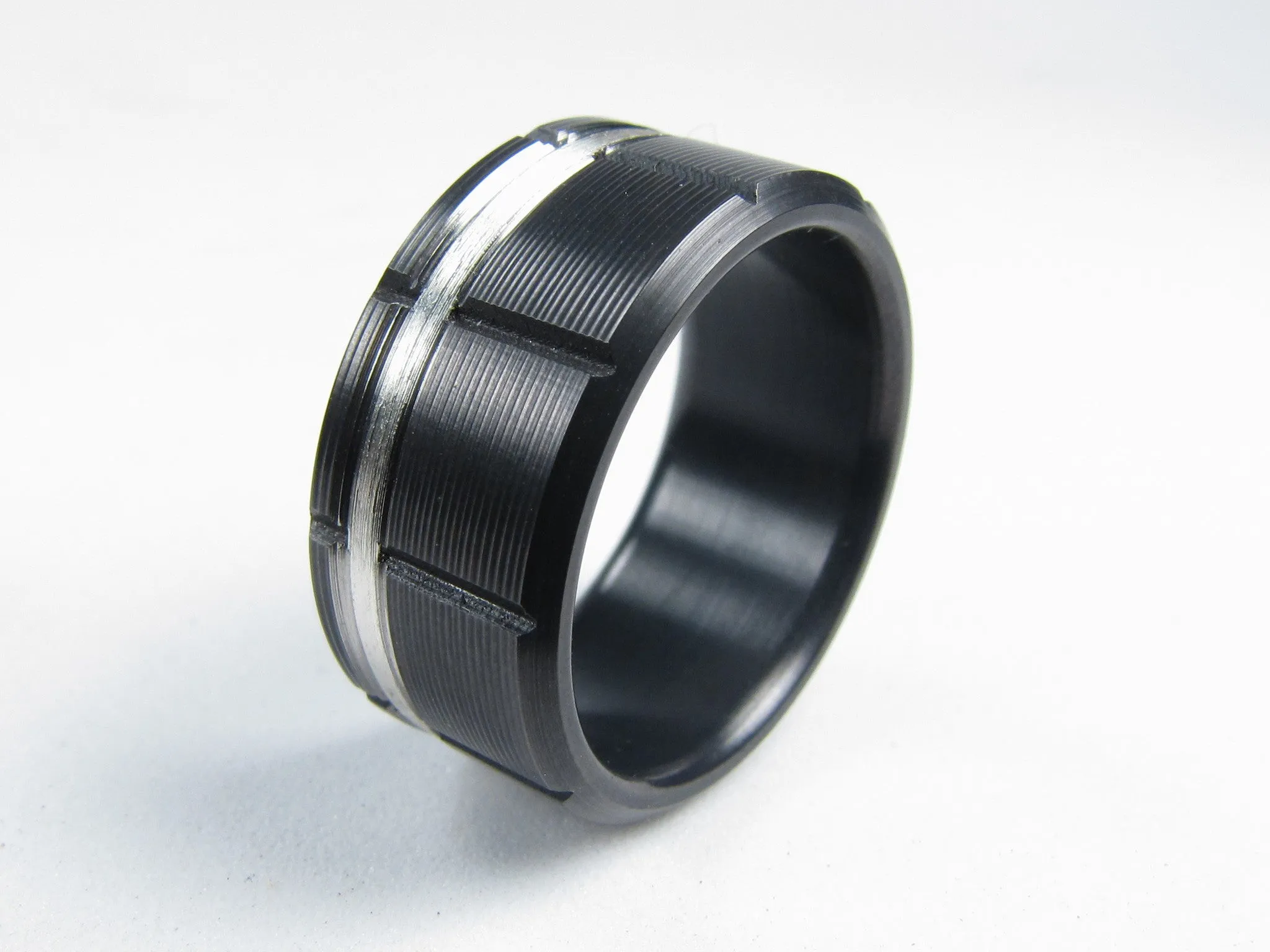 Atlas (Black) Black Titanium Men's Wedding Band With Silver Inlay