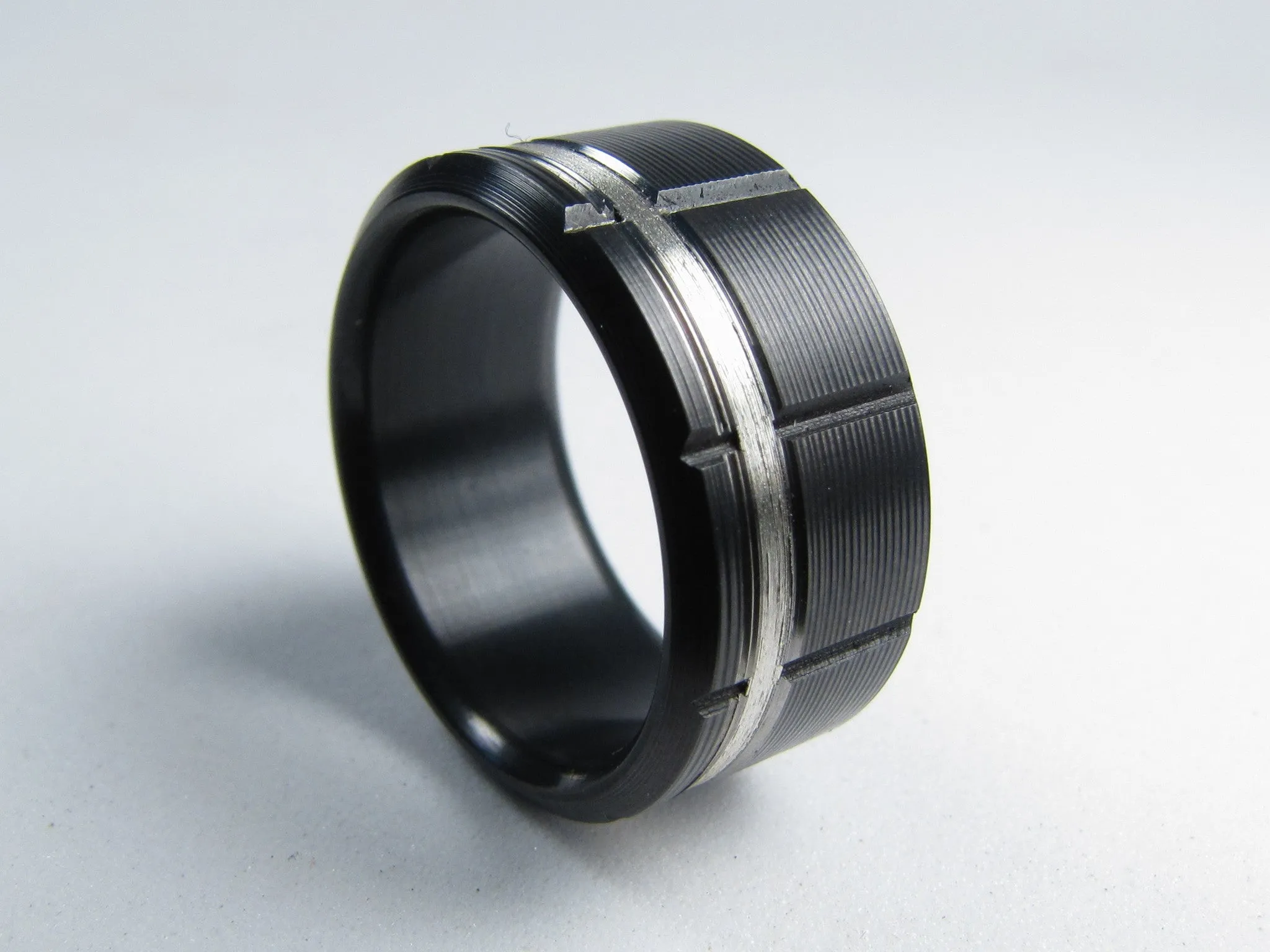 Atlas (Black) Black Titanium Men's Wedding Band With Silver Inlay