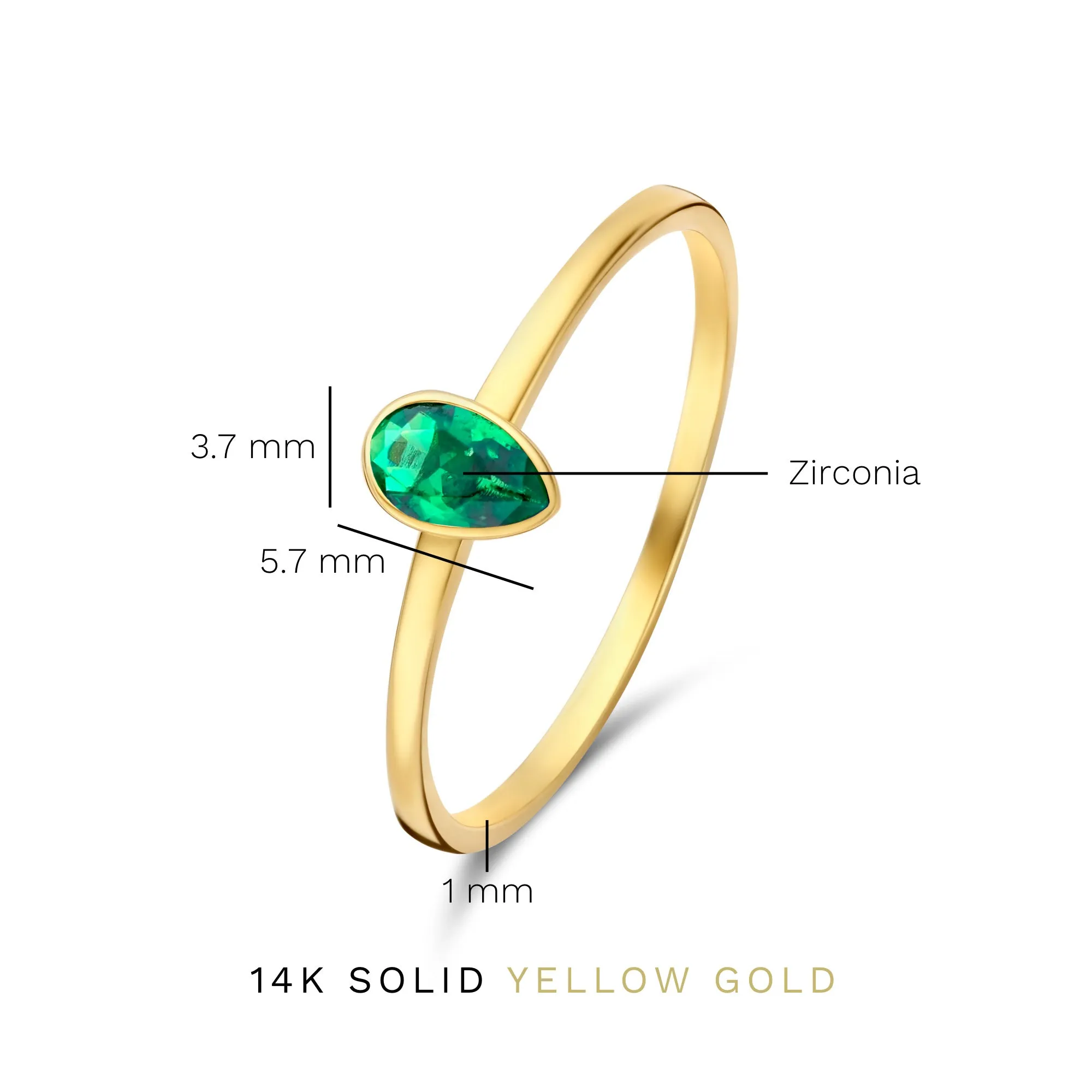 Baguette Olivia 14 karat gold ring with green zirconia stone