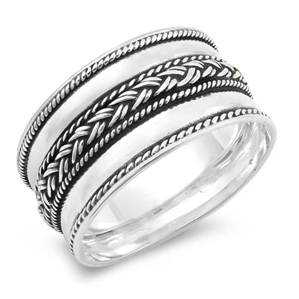 Bali Weave Braid Rope Polished Wide Ring New 925 Sterling Silver Band Sizes 6-12