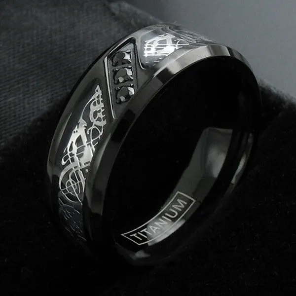 Beautiful Black Titanium Ring with Silver Celtic Dragon on Black Inlay with 3 Black CZs.