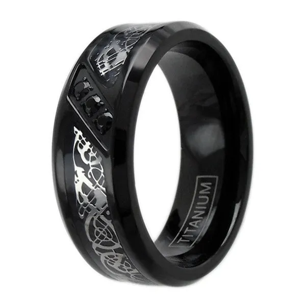 Beautiful Black Titanium Ring with Silver Celtic Dragon on Black Inlay with 3 Black CZs.