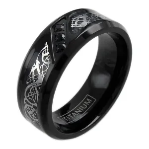Beautiful Black Titanium Ring with Silver Celtic Dragon on Black Inlay with 3 Black CZs.