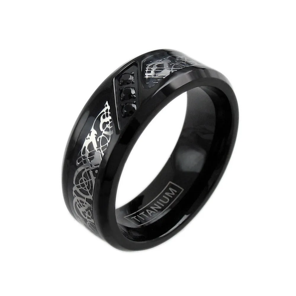 Beautiful Black Titanium Ring with Silver Celtic Dragon on Black Inlay with 3 Black CZs.