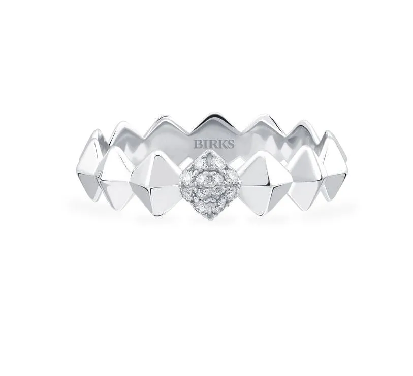 Birks 18K White Gold Rock and Pearl 0.07ctw Diamond Stacking Ring Size 6