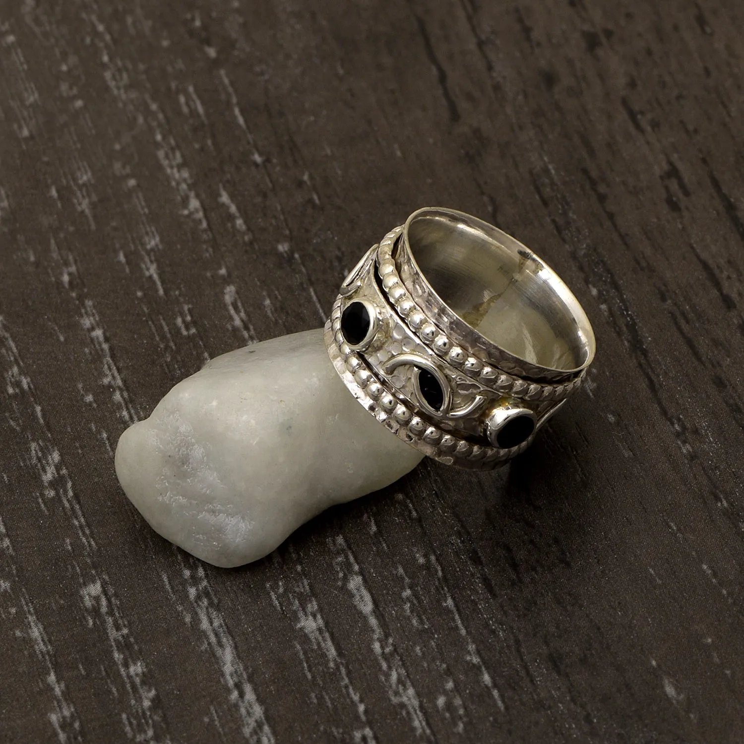 Black Spinel Multi Band Engraved Meditation Spinner Ring