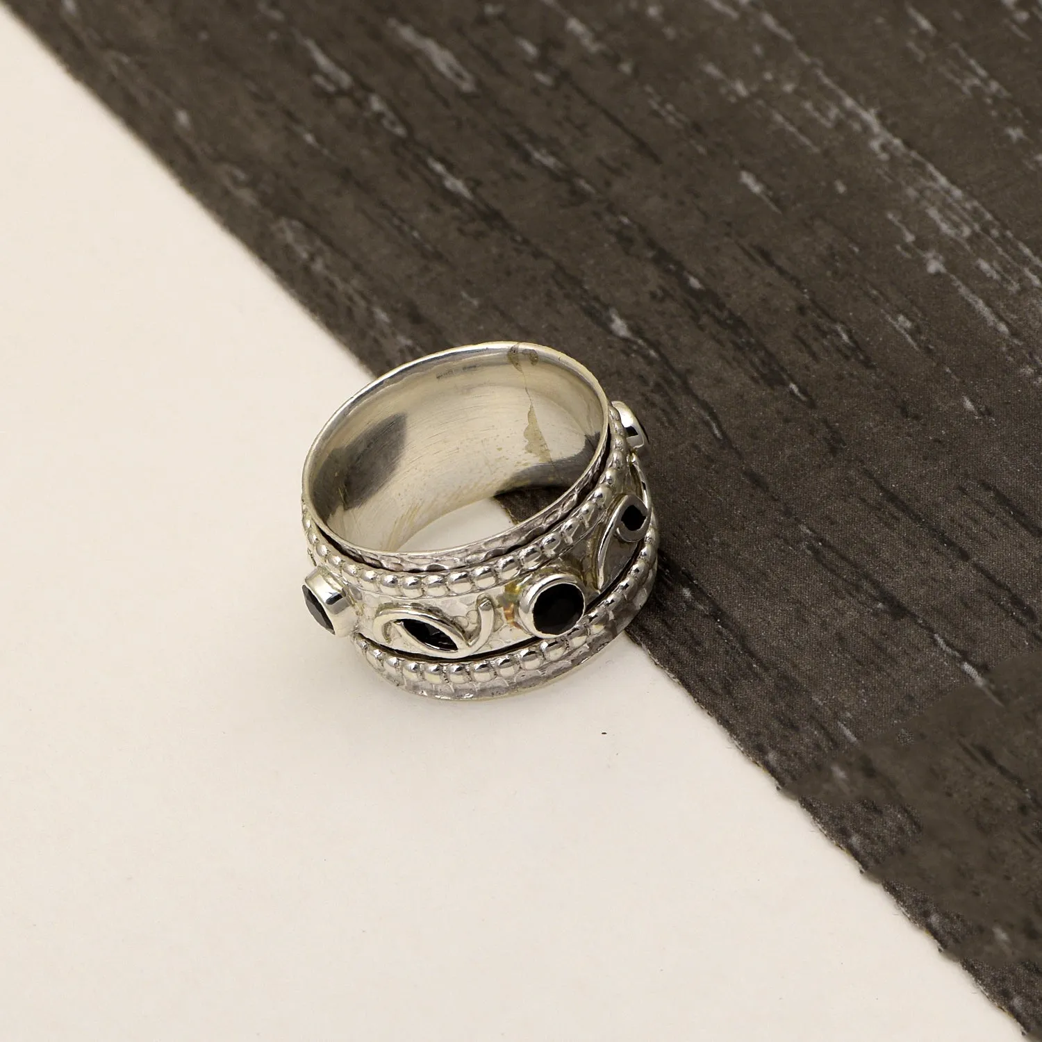 Black Spinel Multi Band Engraved Meditation Spinner Ring
