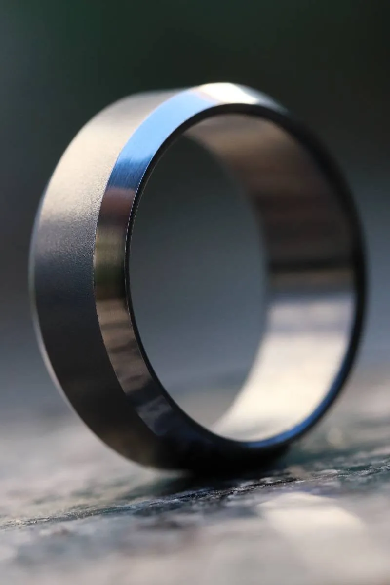 Black titanium ring 8mm wide black chamfered titanium ring