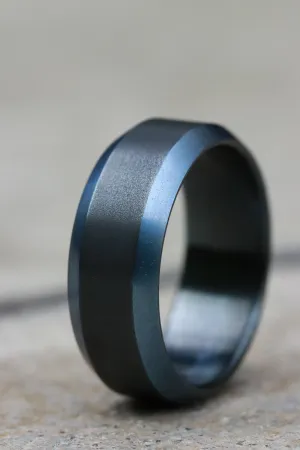 Black titanium ring 8mm wide blue / black chamfered titanium ring