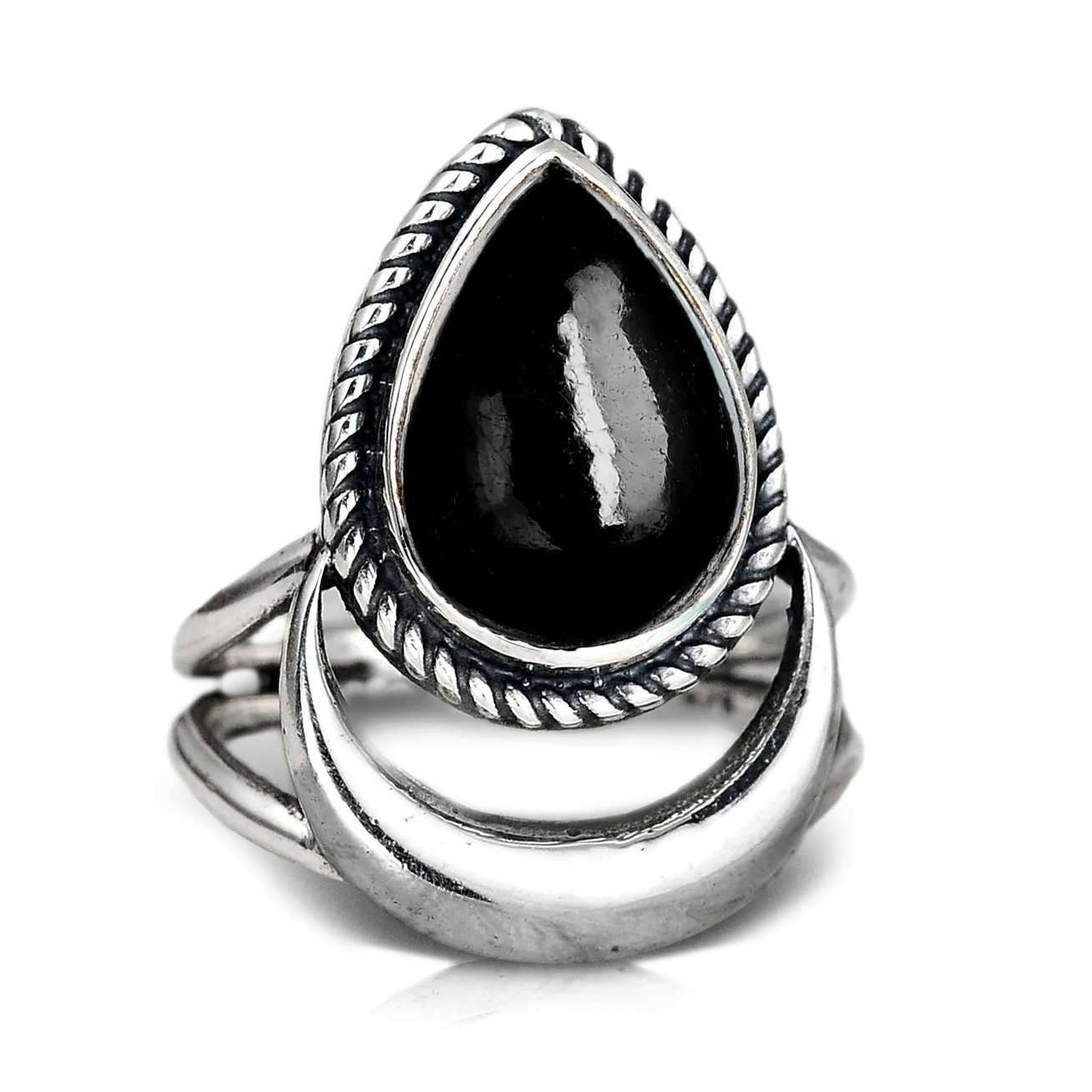 Black Tourmaline Moon Ring Sterling Silver
