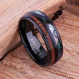 Black Tungsten Band with Koa Wood and Abalone Shell - 8mm Width - TCR111