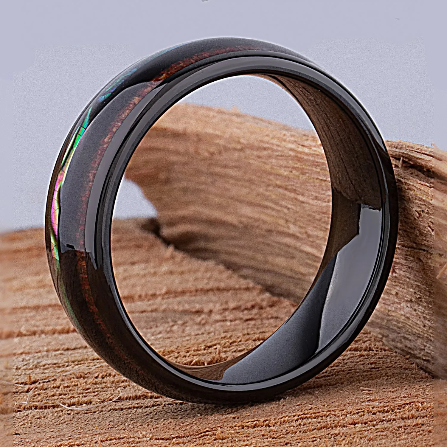 Black Tungsten Band with Koa Wood and Abalone Shell - 8mm Width - TCR111