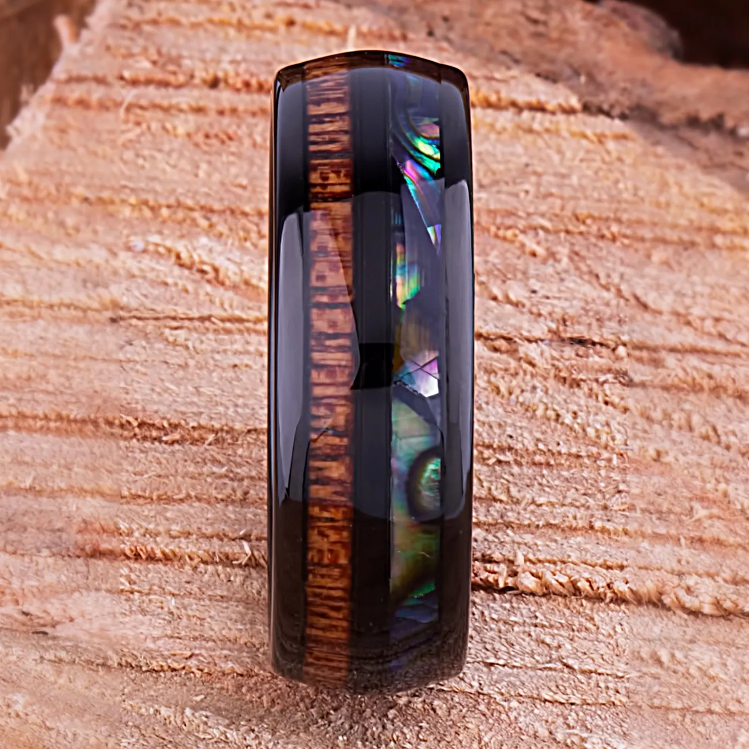 Black Tungsten Band with Koa Wood and Abalone Shell - 8mm Width - TCR111