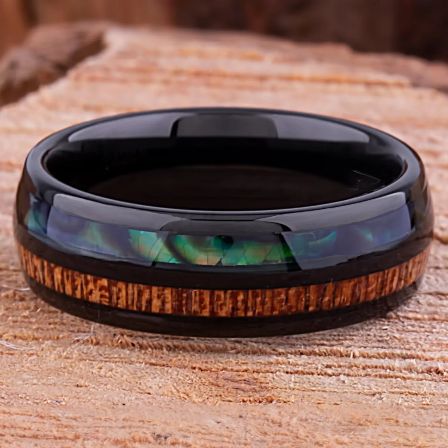 Black Tungsten Band with Koa Wood and Abalone Shell - 8mm Width - TCR111