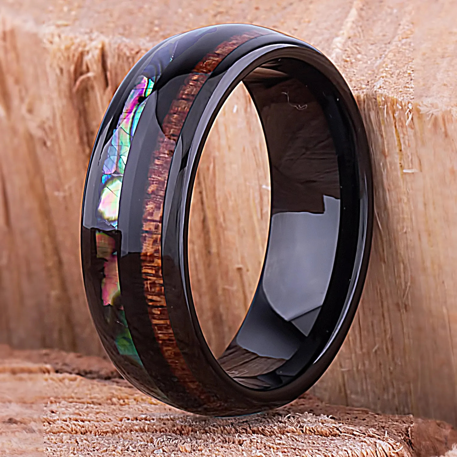 Black Tungsten Band with Koa Wood and Abalone Shell - 8mm Width - TCR111