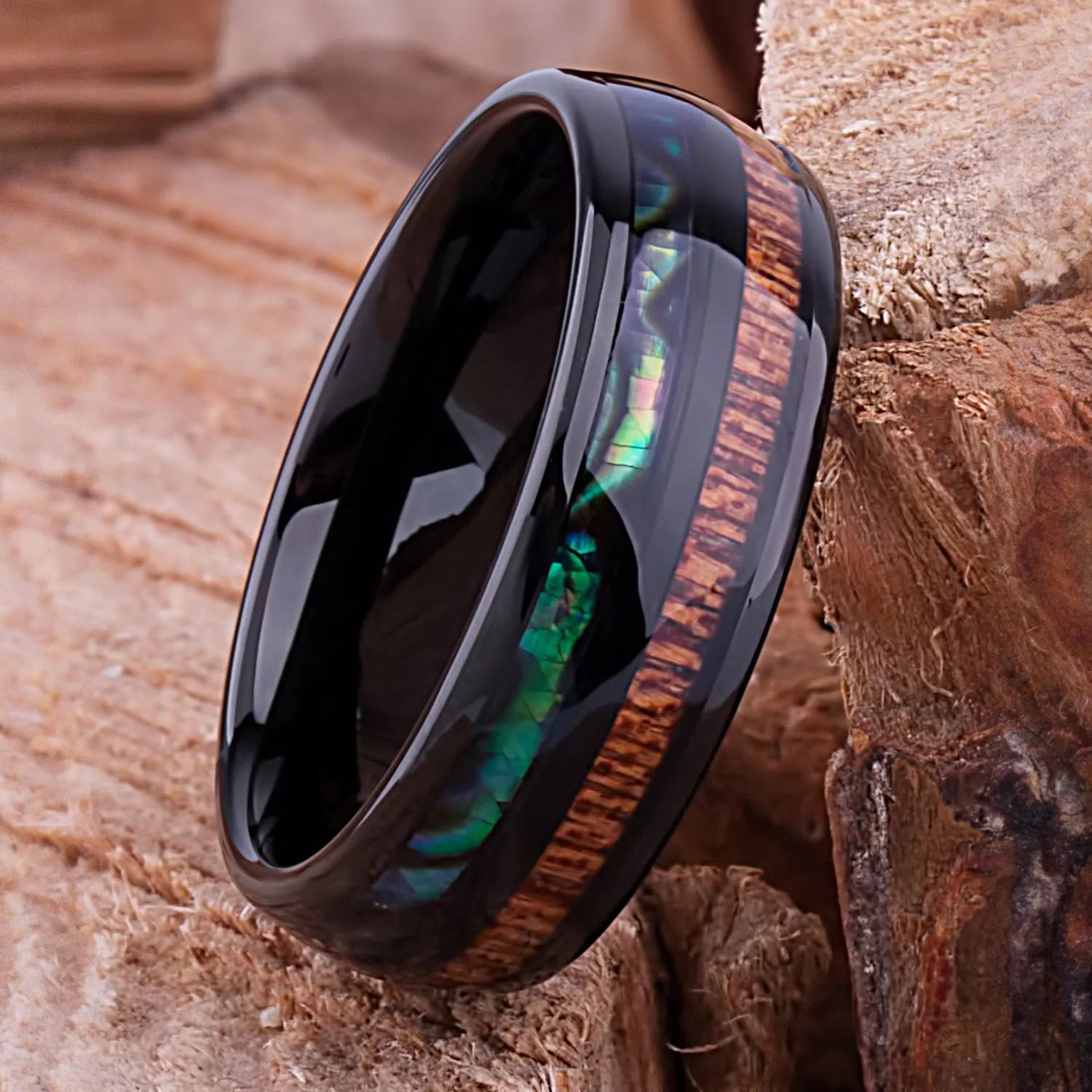 Black Tungsten Band with Koa Wood and Abalone Shell - 8mm Width - TCR111