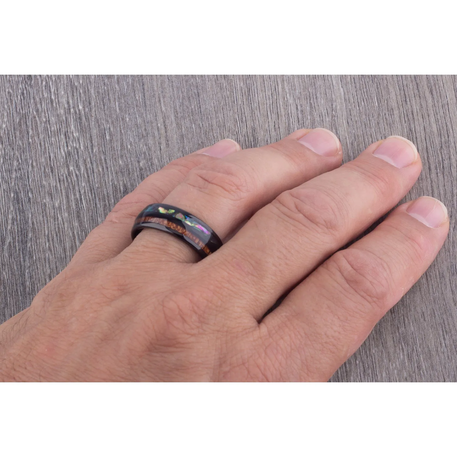 Black Tungsten Band with Koa Wood and Abalone Shell - 8mm Width - TCR111