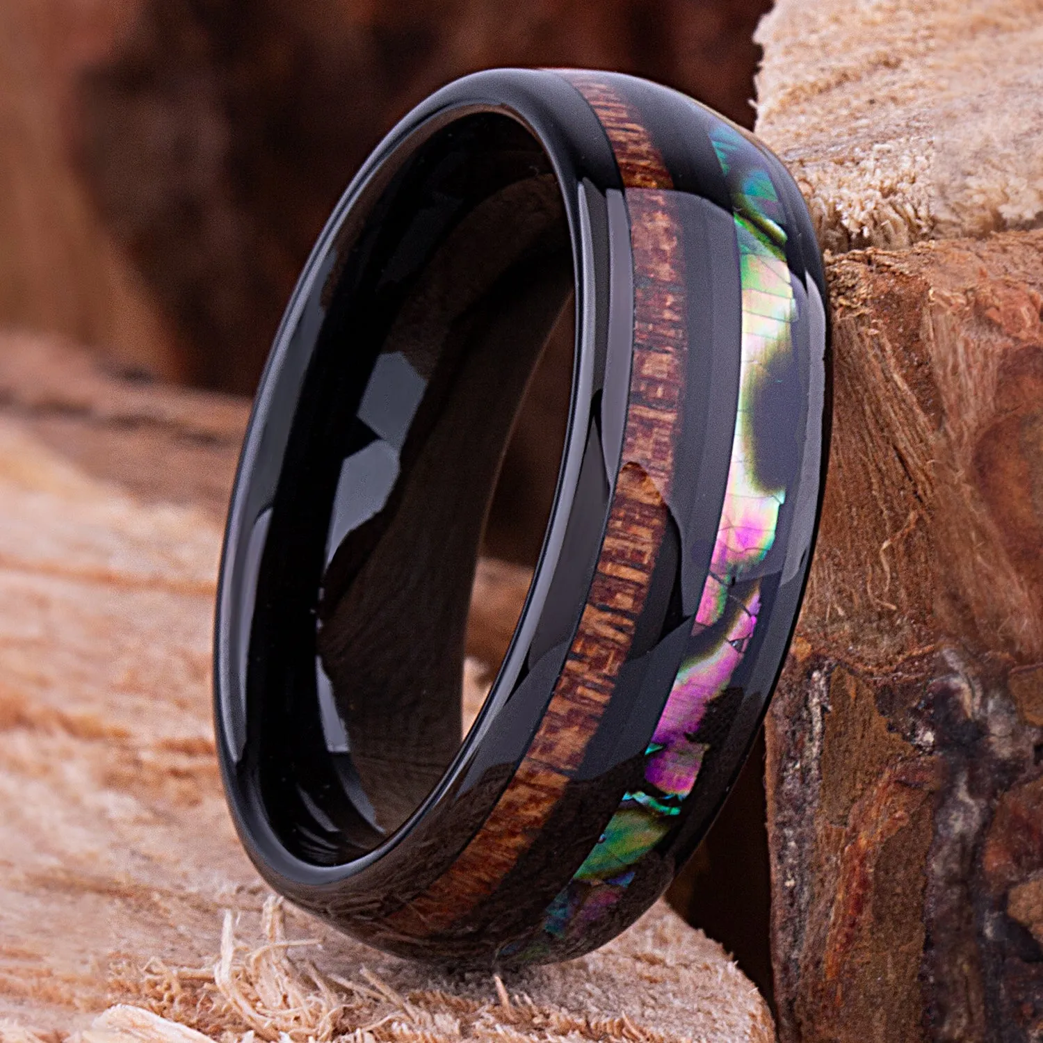 Black Tungsten Band with Koa Wood and Abalone Shell - 8mm Width - TCR111