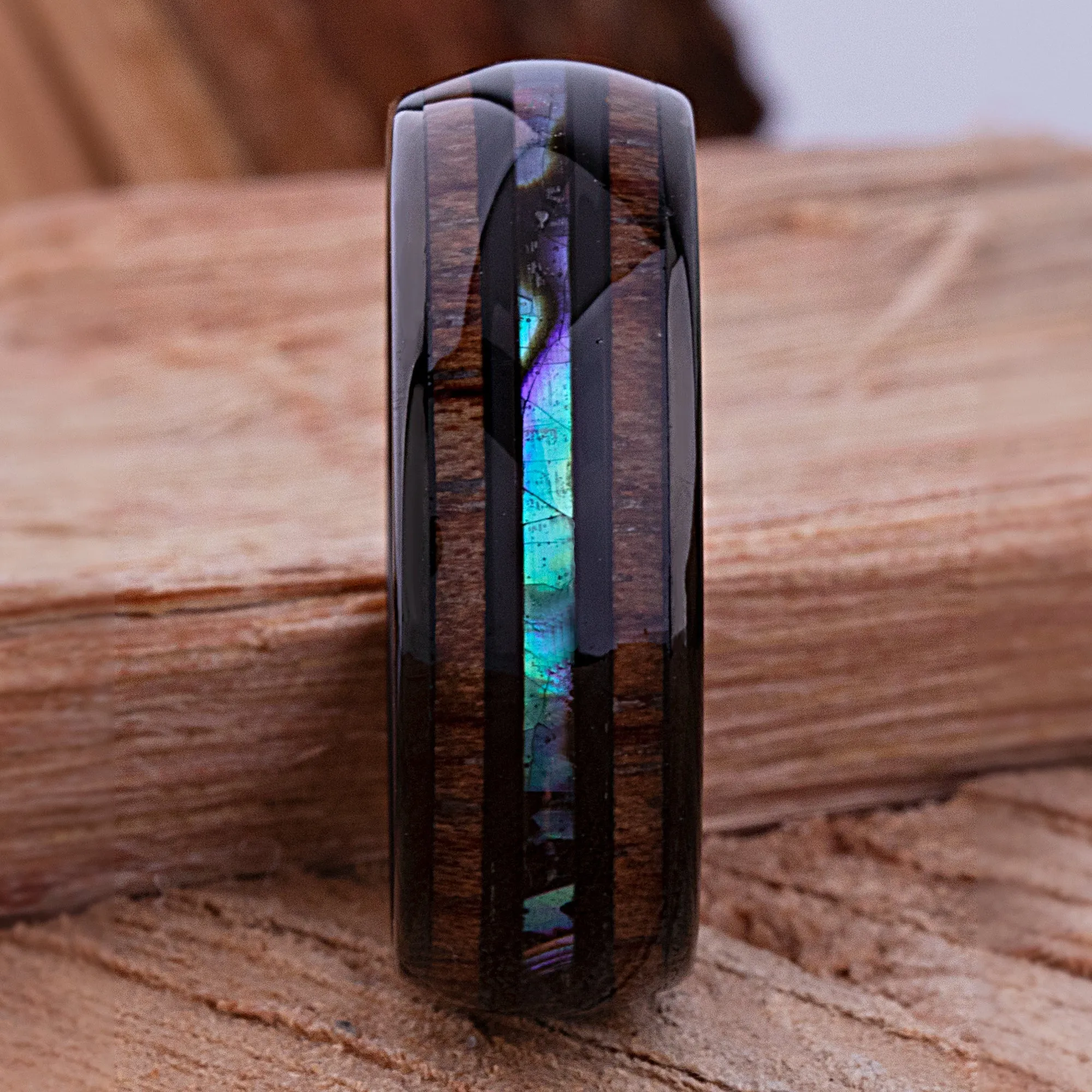 Black Tungsten Band with Koa Wood and Abalone Shell - 8mm Width - TCR215