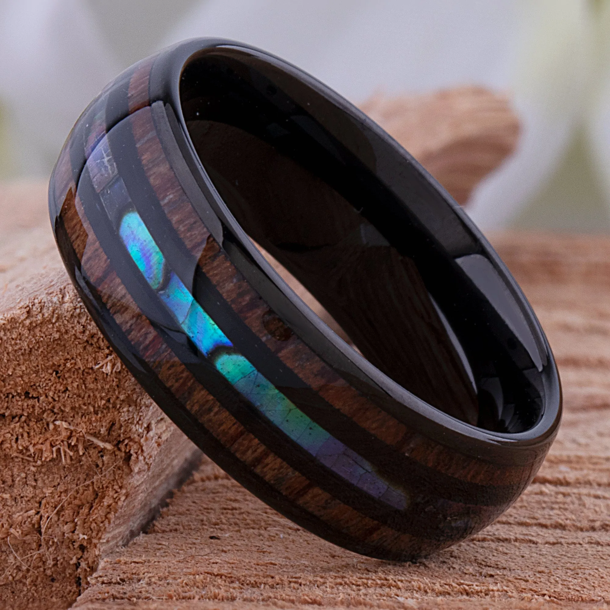 Black Tungsten Band with Koa Wood and Abalone Shell - 8mm Width - TCR215