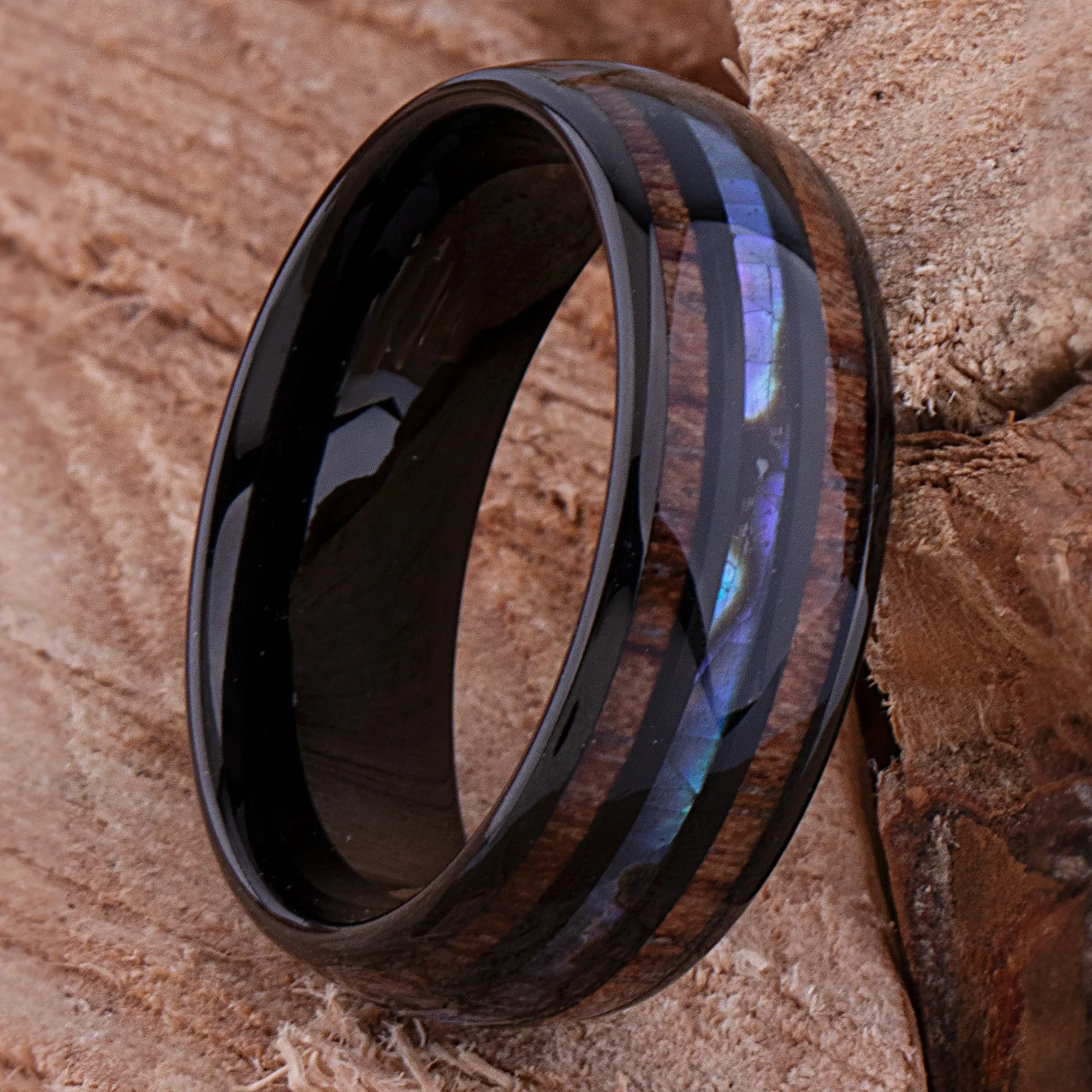 Black Tungsten Band with Koa Wood and Abalone Shell - 8mm Width - TCR215