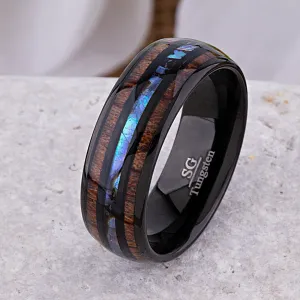 Black Tungsten Band with Koa Wood and Abalone Shell - 8mm Width - TCR215