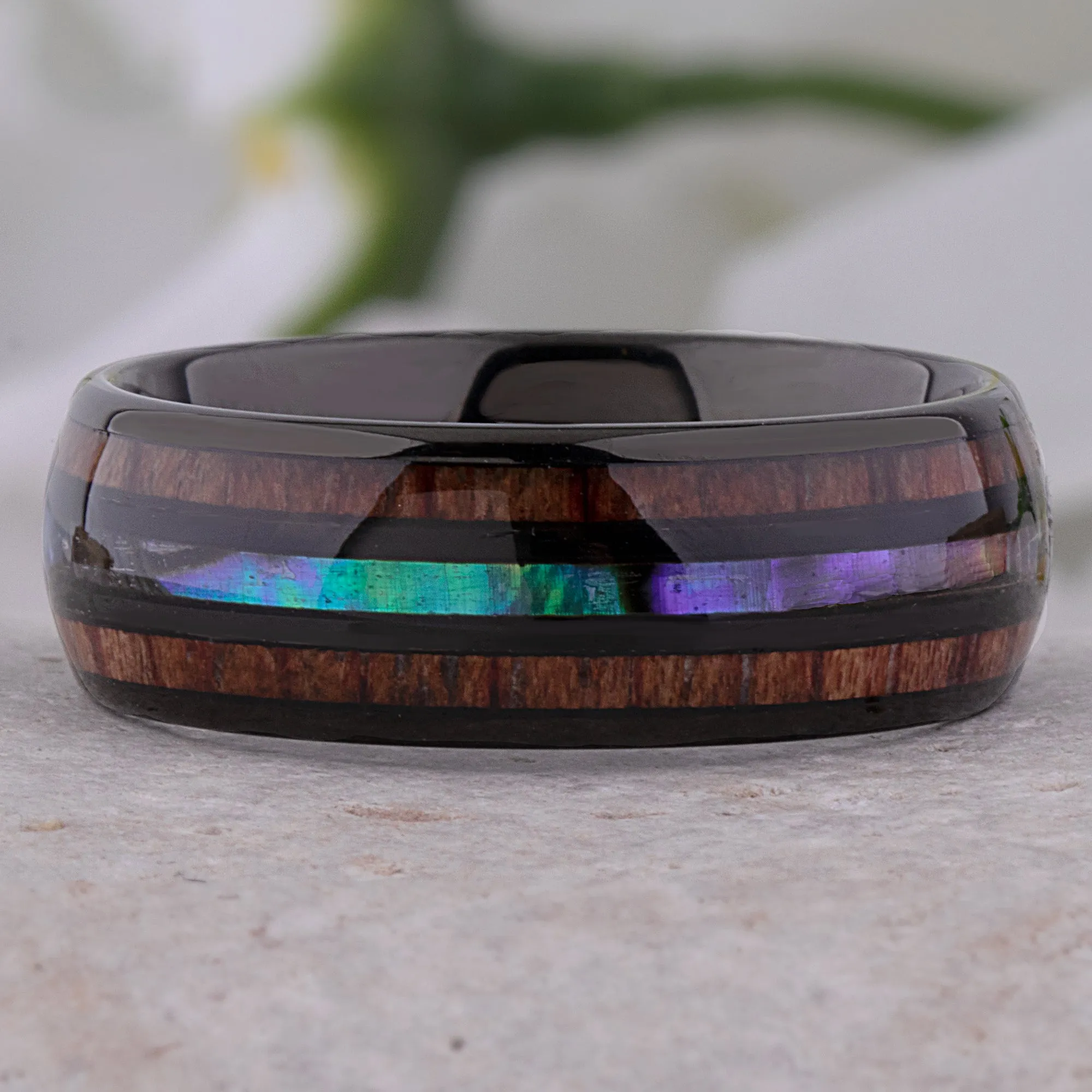 Black Tungsten Band with Koa Wood and Abalone Shell - 8mm Width - TCR215