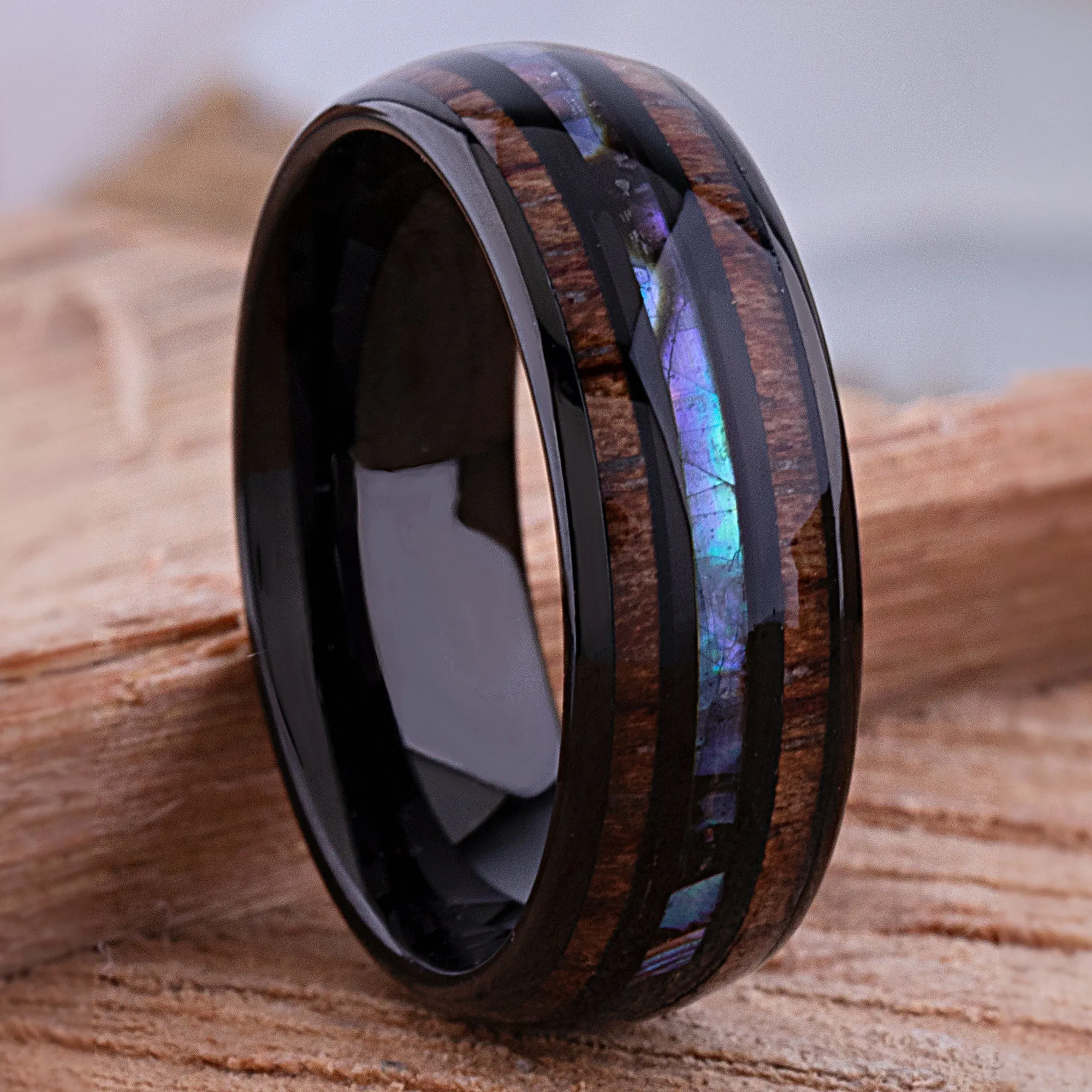 Black Tungsten Band with Koa Wood and Abalone Shell - 8mm Width - TCR215