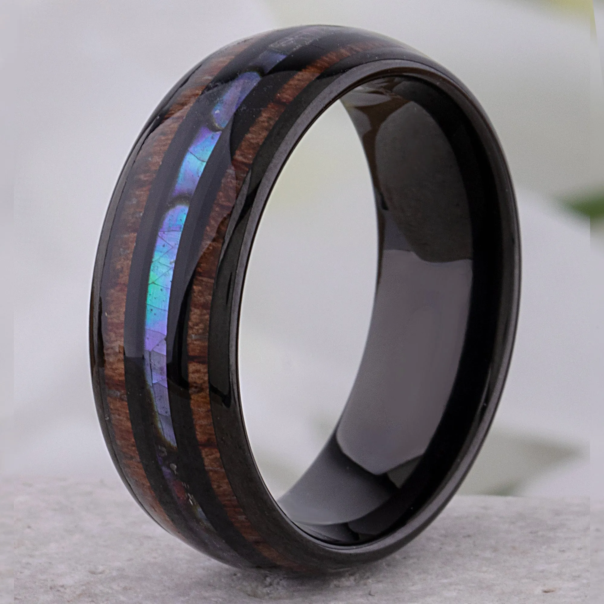 Black Tungsten Band with Koa Wood and Abalone Shell - 8mm Width - TCR215