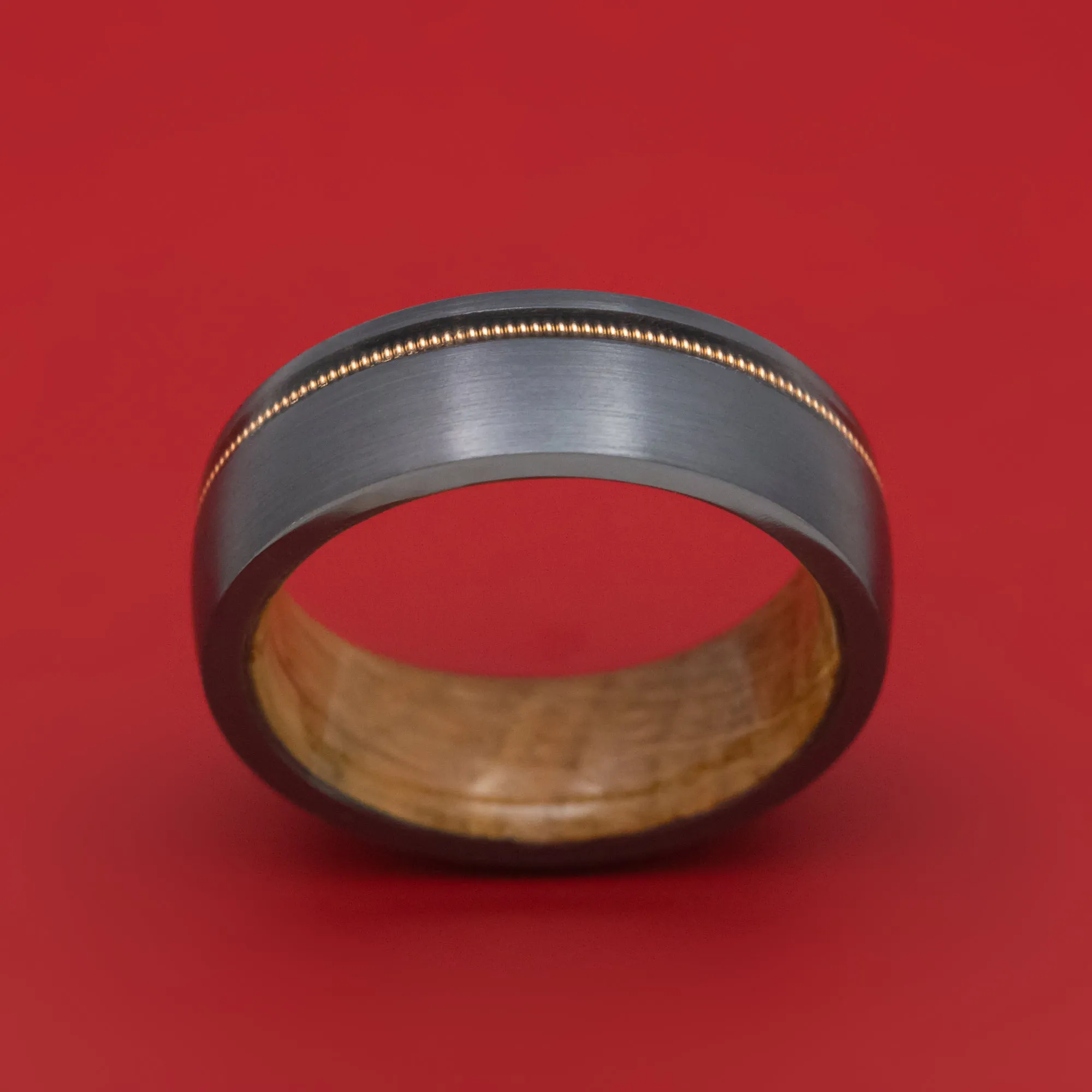 Black Zirconium Guitar String Ring With Whiskey Barrel Hardwood Sleeve Custom Made Band