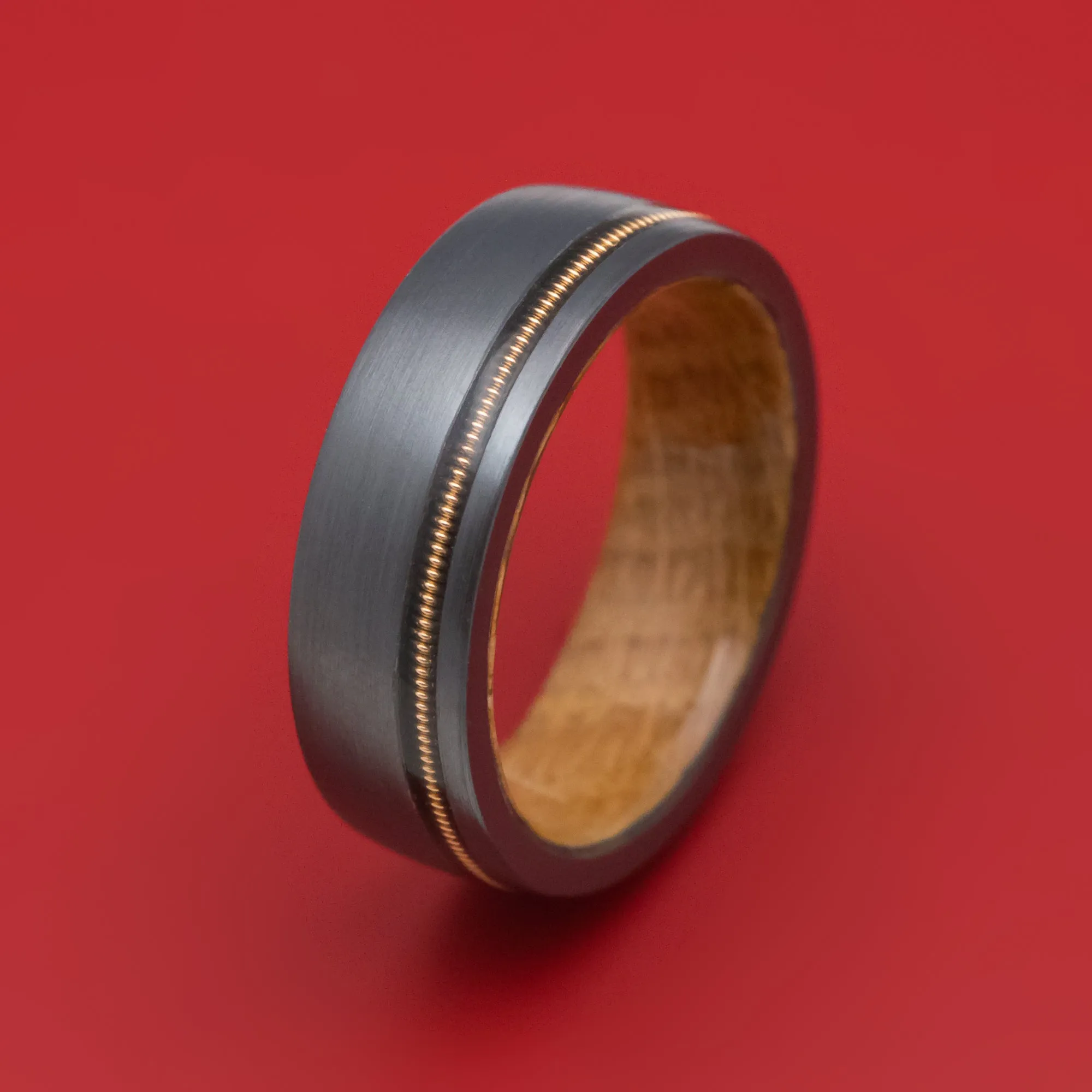 Black Zirconium Guitar String Ring With Whiskey Barrel Hardwood Sleeve Custom Made Band