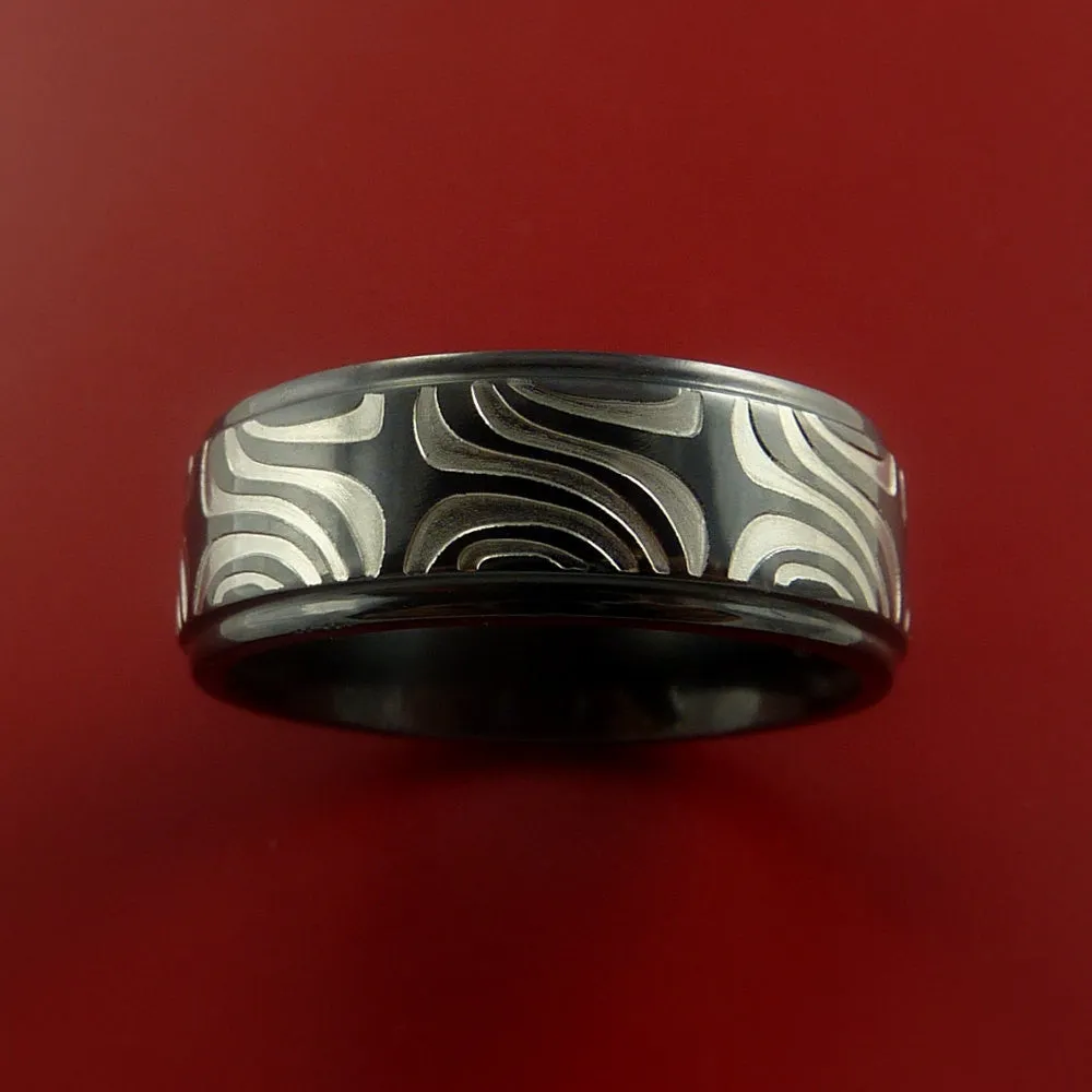 Black Zirconium Ring Textured Carved Pattern Band Made to Any Sizing 3-22